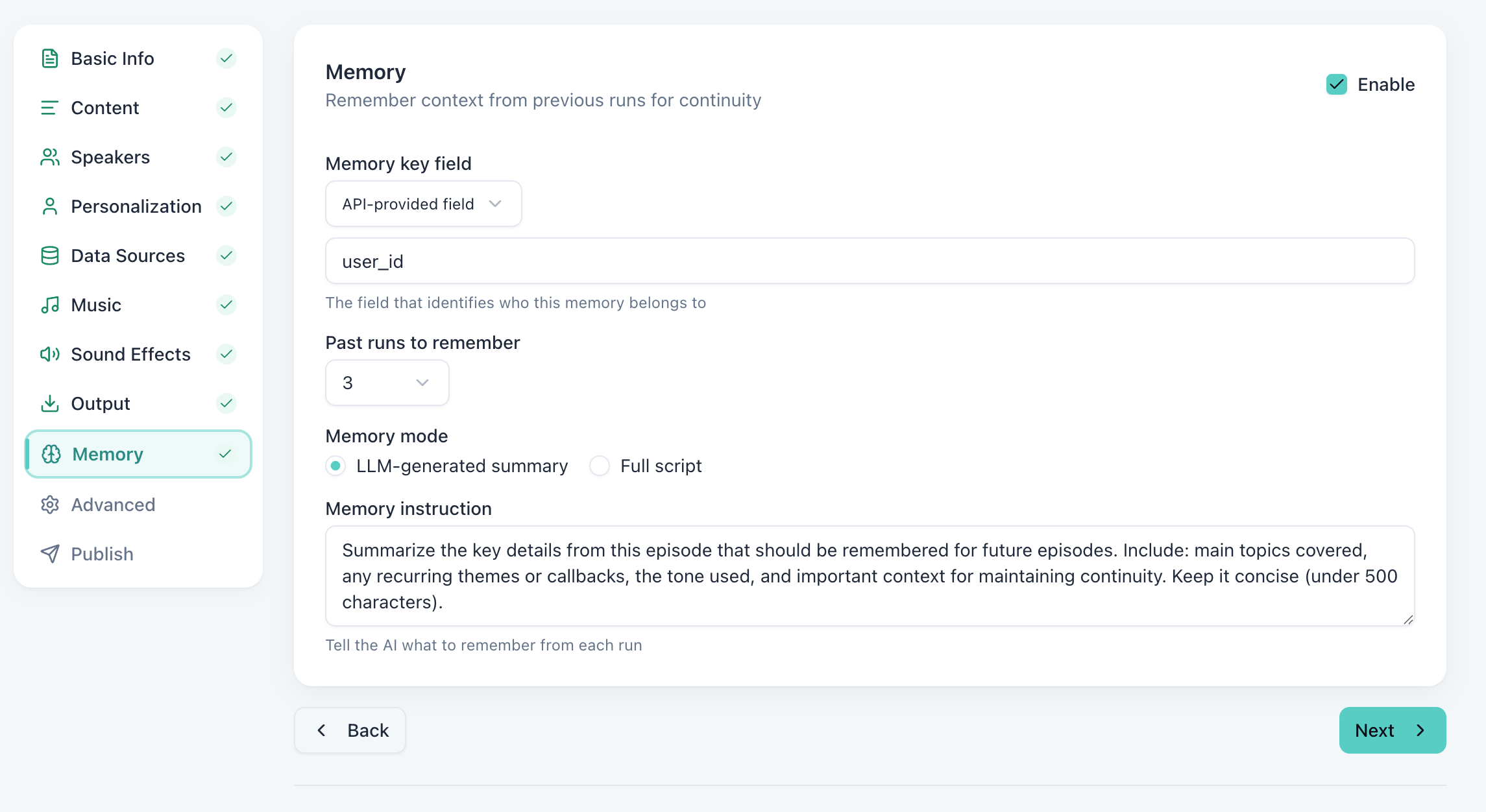 Memory settings for maintaining continuity across episodes