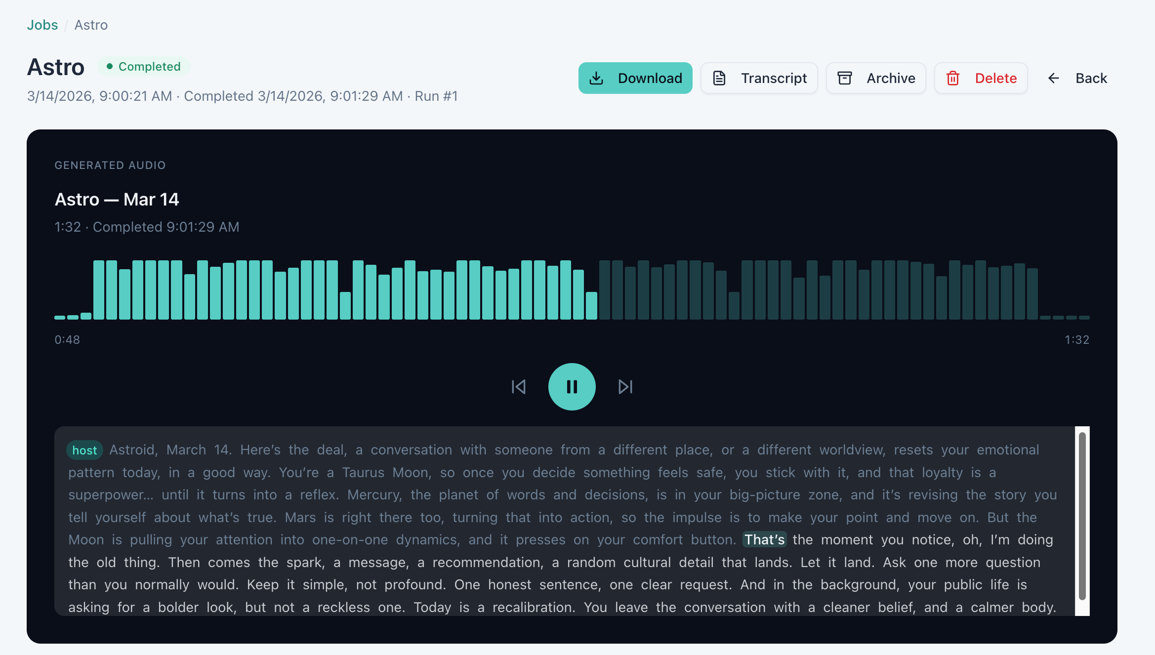 Audio player with waveform visualization and synchronized transcript