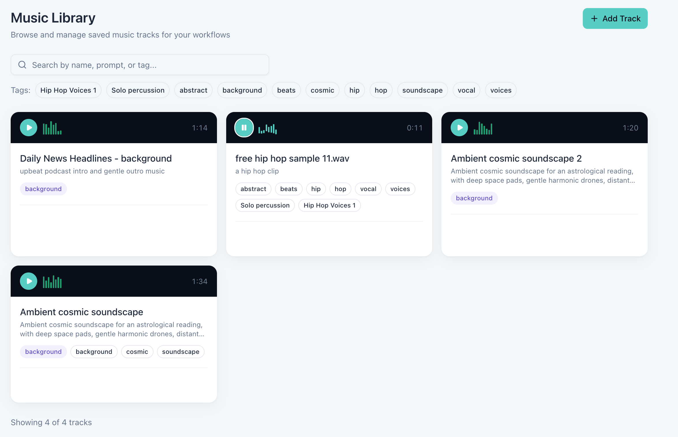 Music library with searchable tracks, tags, and audio preview