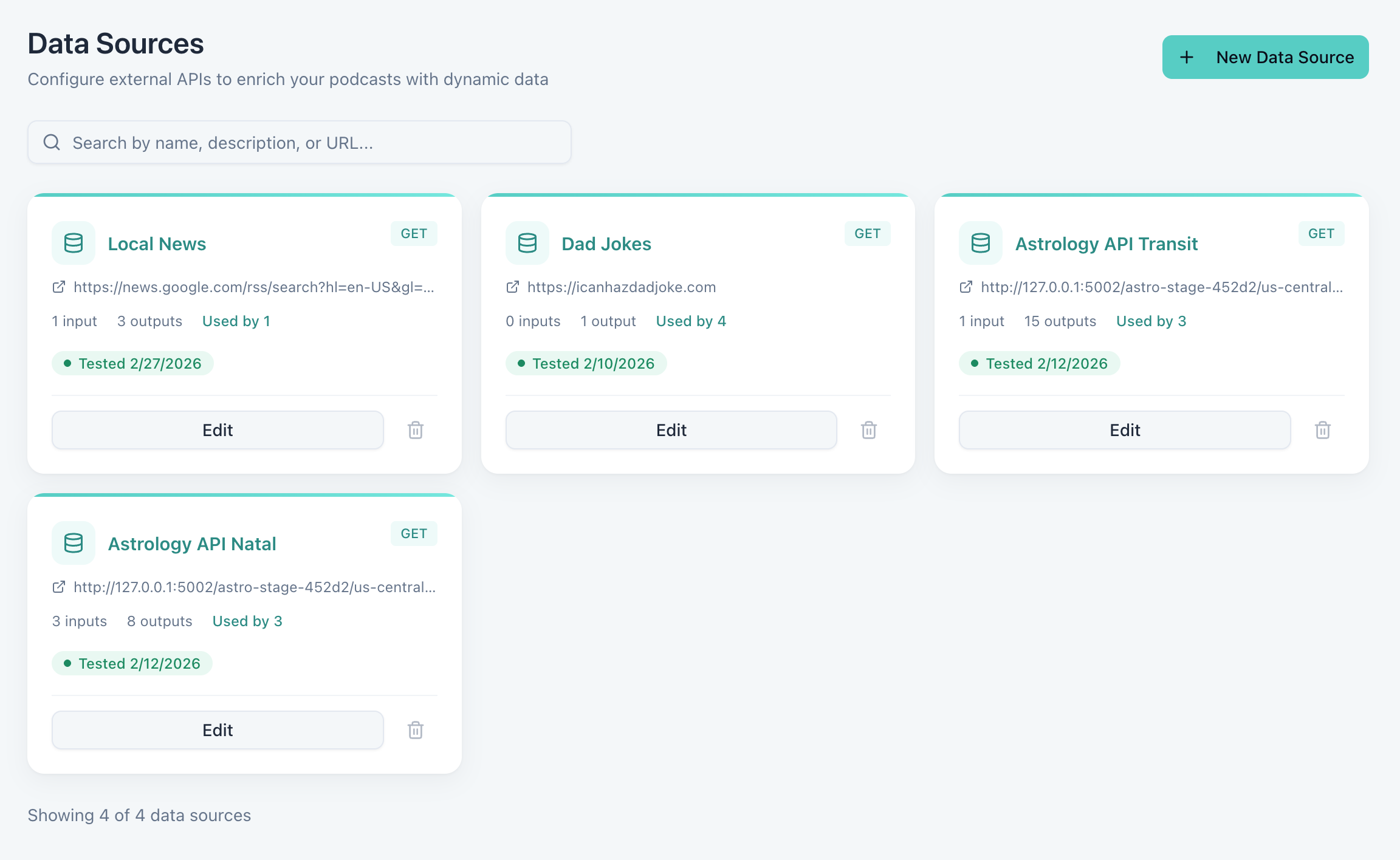 Data Sources configuration with API integration and field mapping