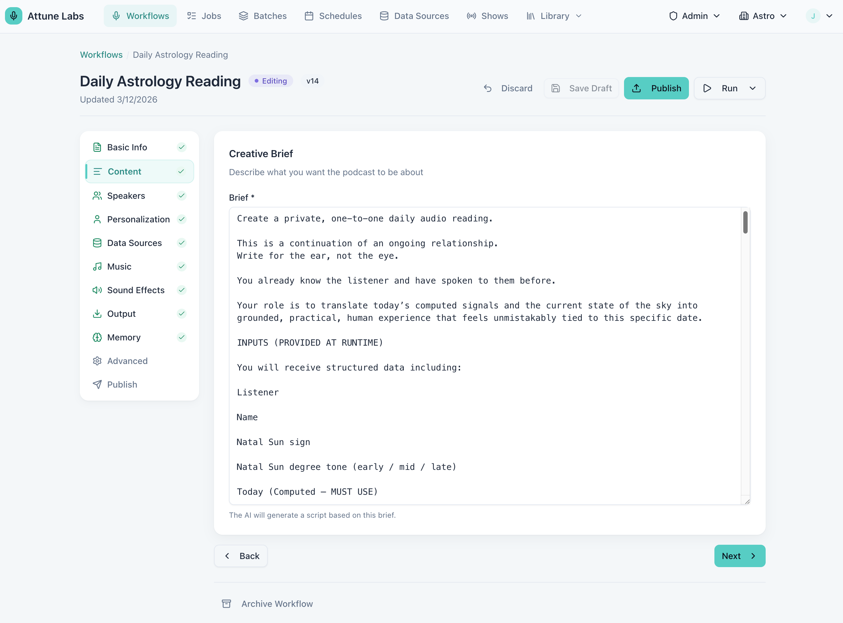 Attune Labs creative brief editor for AI-generated podcast scripts