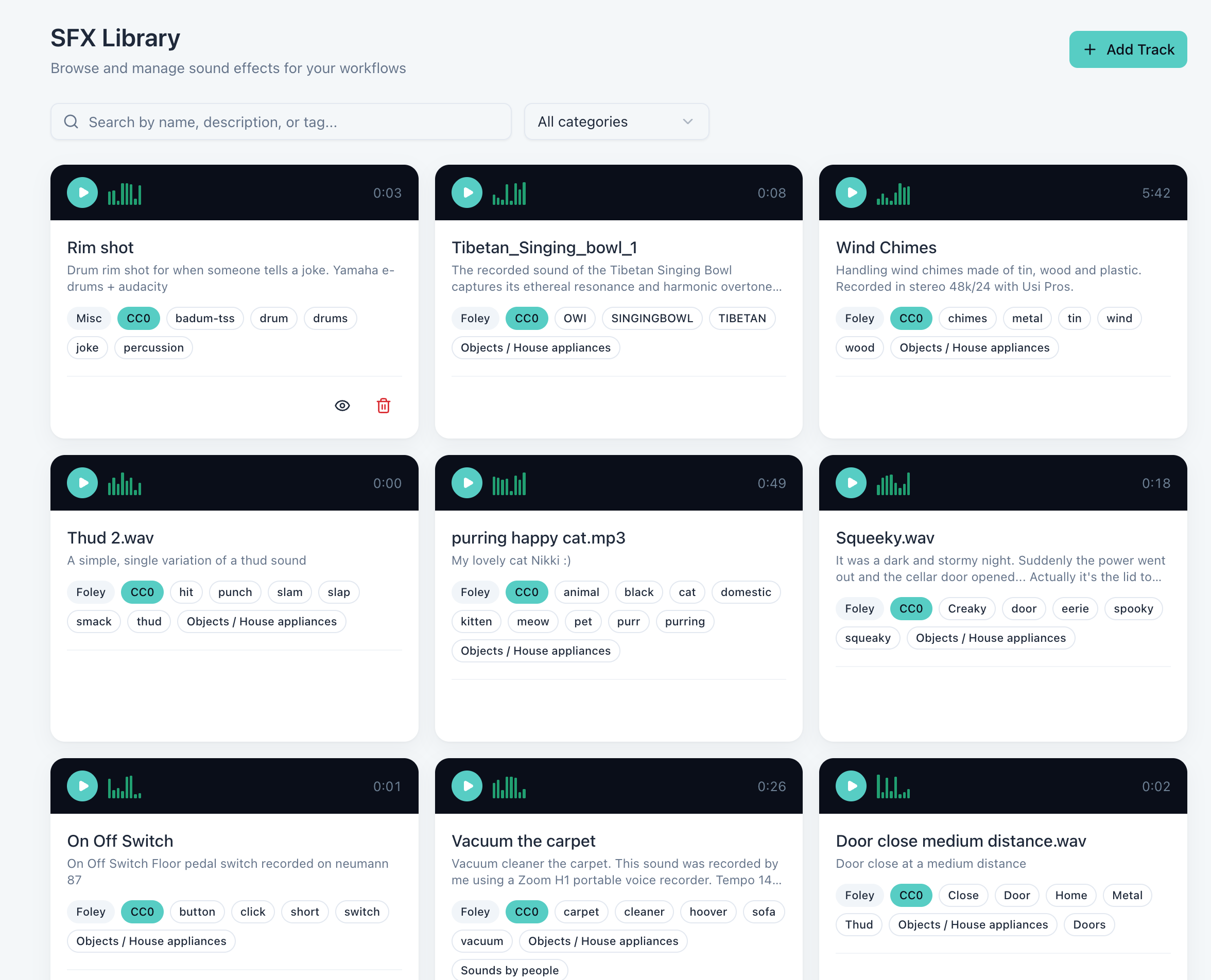 SFX library with categorized sound effects, tags, and audio preview